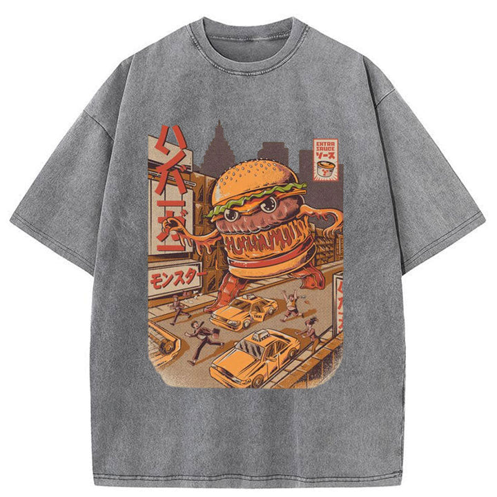 The Great Burger Kaiju Japanese Washed Crew Neck T-Shirt