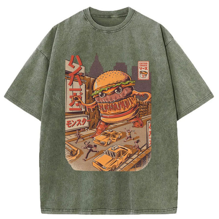 The Great Burger Kaiju Japanese Washed Crew Neck T-Shirt
