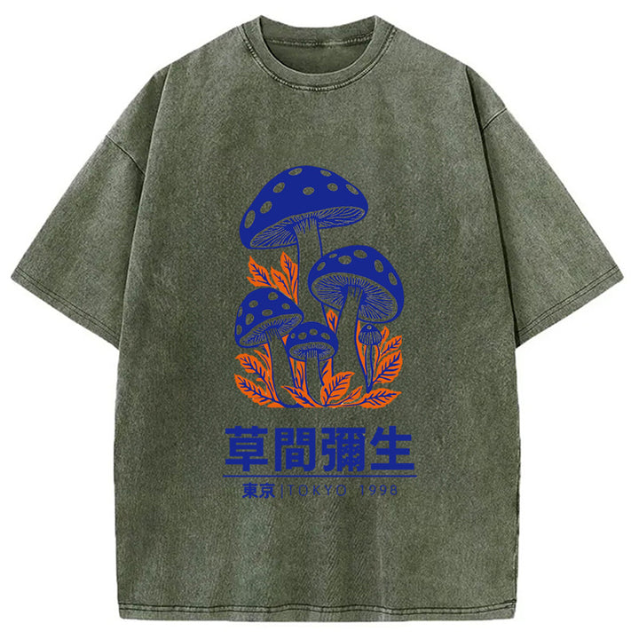 Yayoi Kusama Blue Mushroom Vintage Washed Crew Neck T-Shirt