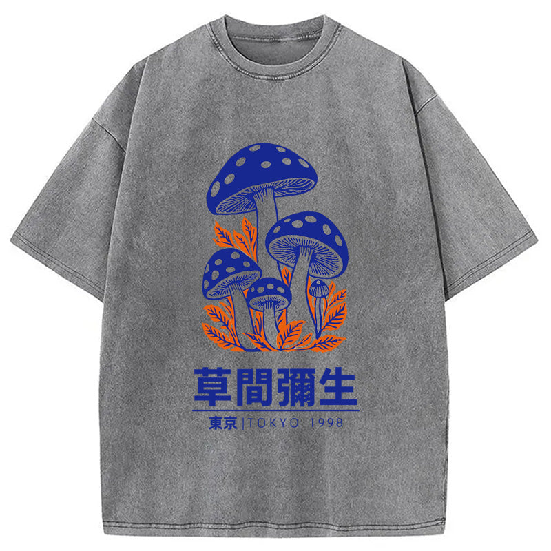 Yayoi Kusama Blue Mushroom Vintage Washed Crew Neck T-Shirt