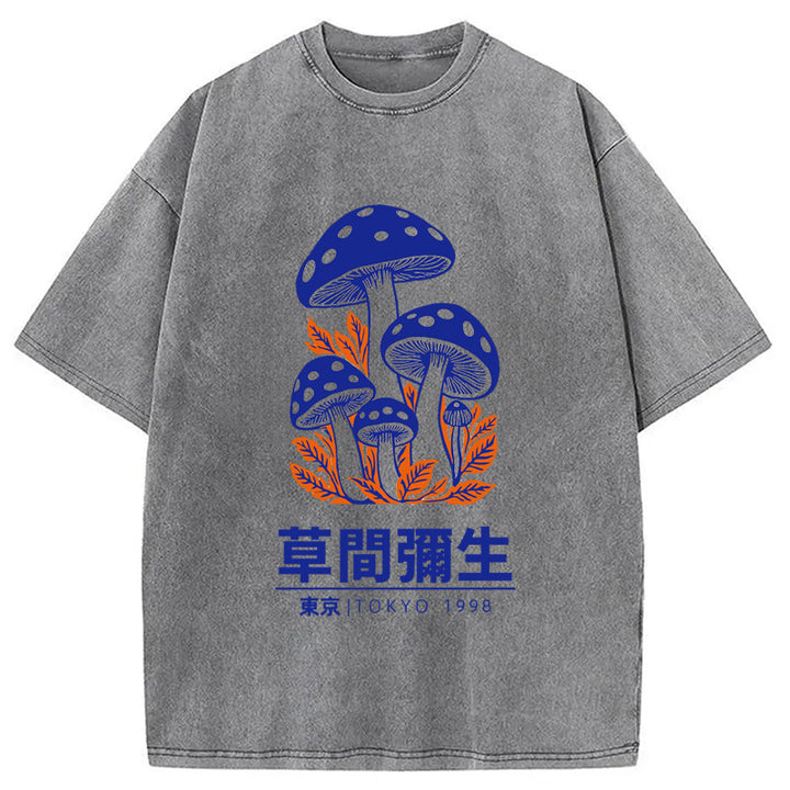 Yayoi Kusama Blue Mushroom Vintage Washed Crew Neck T-Shirt