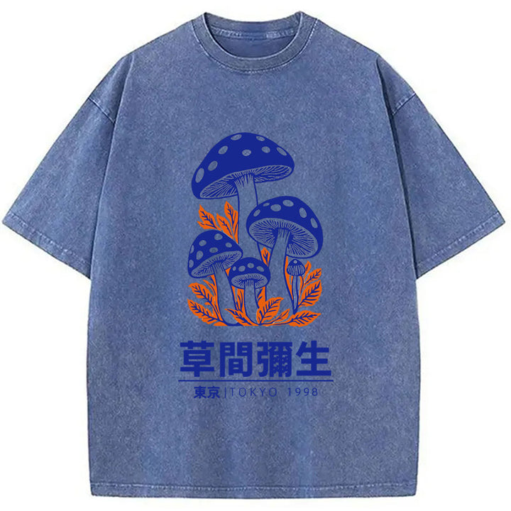Yayoi Kusama Blue Mushroom Vintage Washed Crew Neck T-Shirt