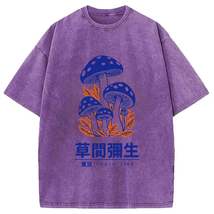 Yayoi Kusama Blue Mushroom Vintage Washed Crew Neck T-Shirt