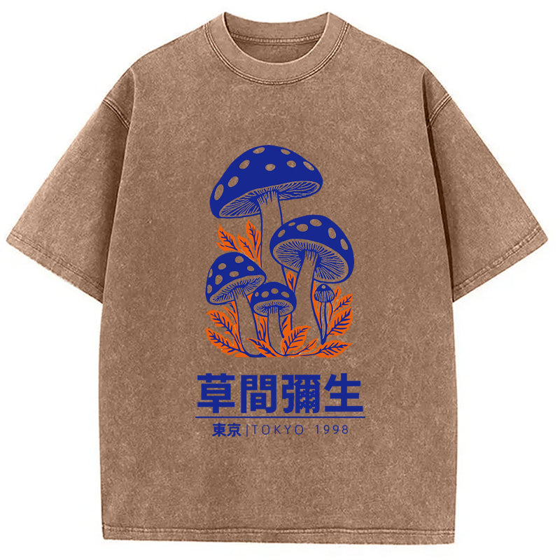 Yayoi Kusama Blue Mushroom Vintage Washed Crew Neck T-Shirt