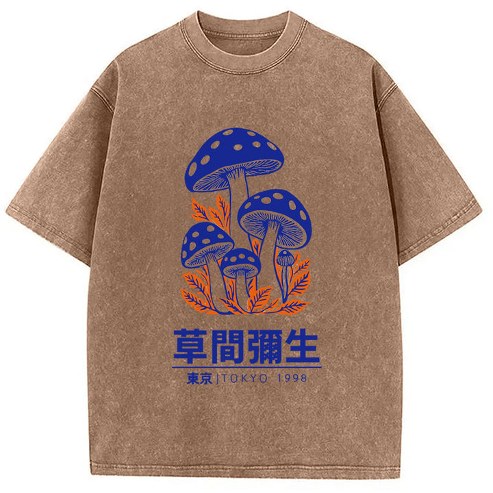 Yayoi Kusama Blue Mushroom Vintage Washed Crew Neck T-Shirt