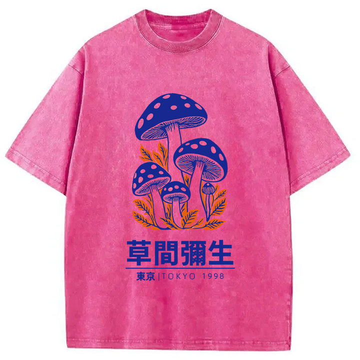 Yayoi Kusama Blue Mushroom Vintage Washed Crew Neck T-Shirt