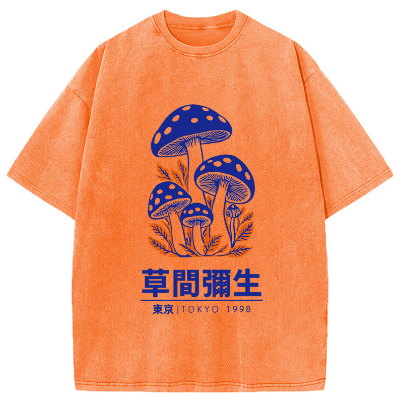 Yayoi Kusama Blue Mushroom Vintage Washed Crew Neck T-Shirt