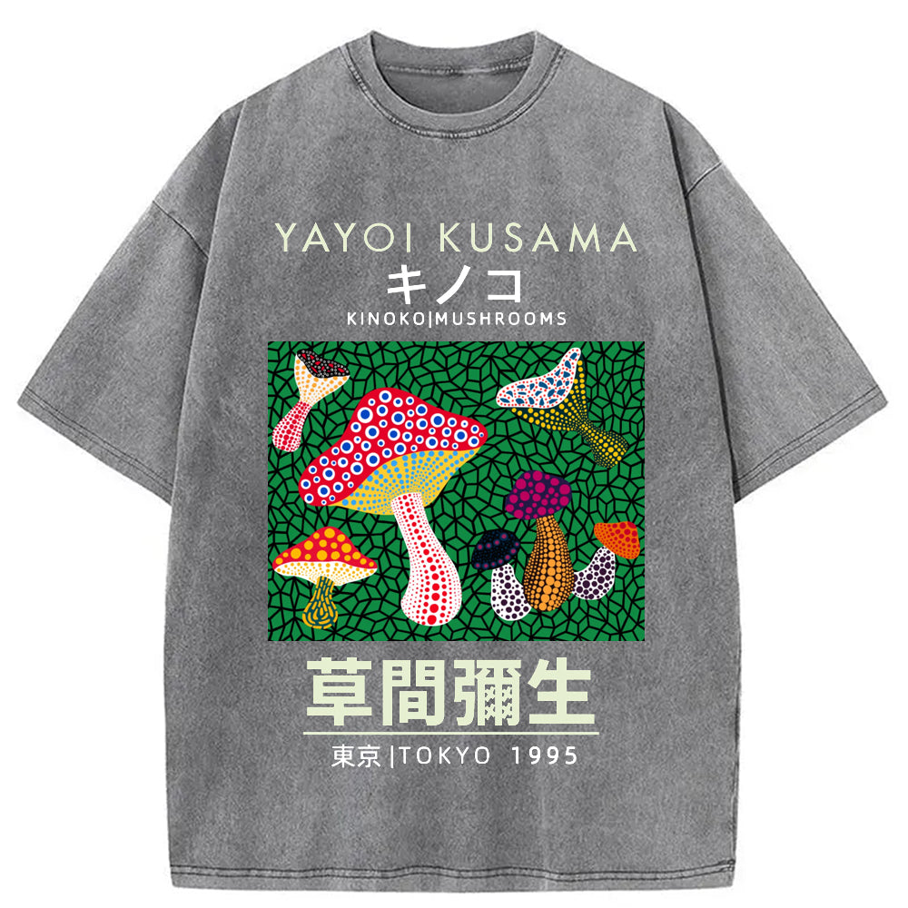 Yayoi Kusama Spotted Mushroom Vintage Washed Crew Neck T-Shirt