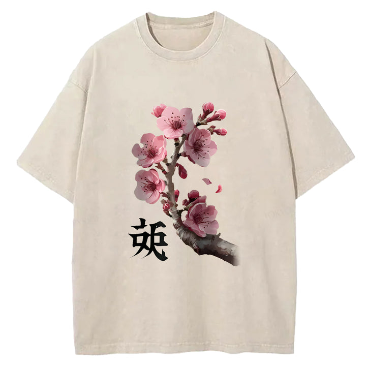 Cherry Blossom Branches Washed Crew Neck T-Shirt