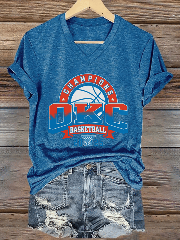Basketball Print V-Neck T-Shirt