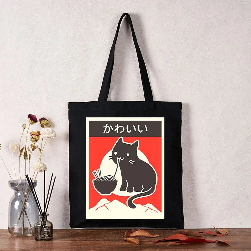 "Kawaii" Vintage Style Japenese Ramen Cat Tote Bag