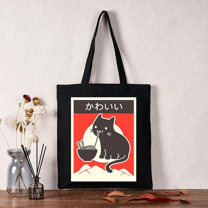 "Kawaii" Vintage Style Japenese Ramen Cat Tote Bag