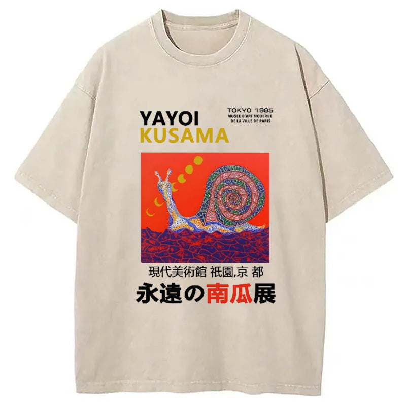 Yayoi Kusama Snail Vintage Design Washed Crew Neck T-Shirt