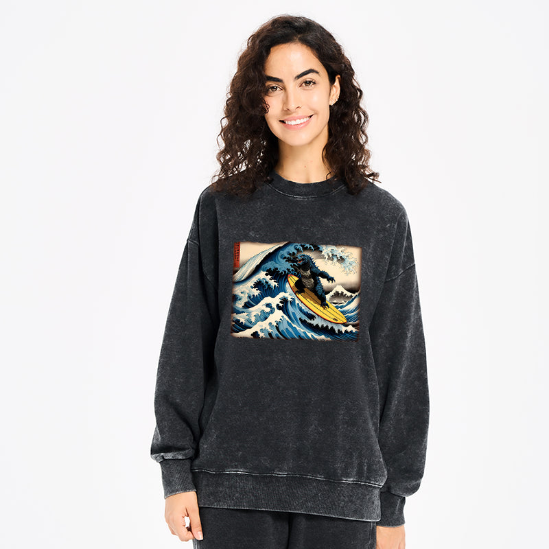 Dinosaur Surfing Japanese Washed Sweatshirt