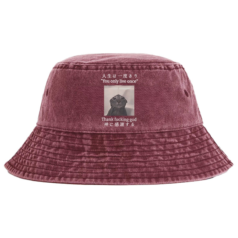 Funny Melancholy Cat Washed Bucket Hat
