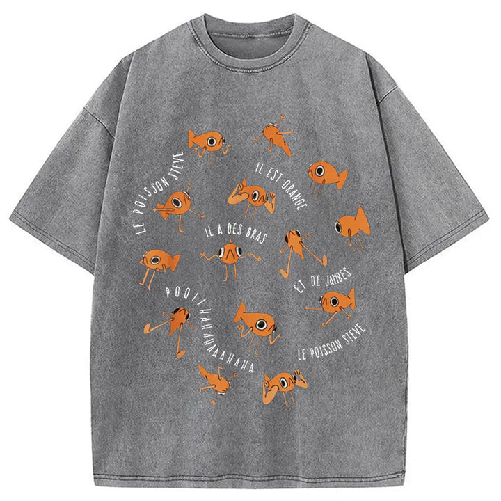 Le Poisson Steve Funny Fish Meme Washed Crew Neck T-Shirt