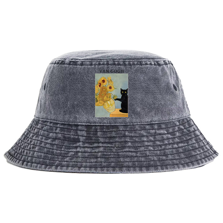 Black Cat With Sunflowers Washed Bucket Hat