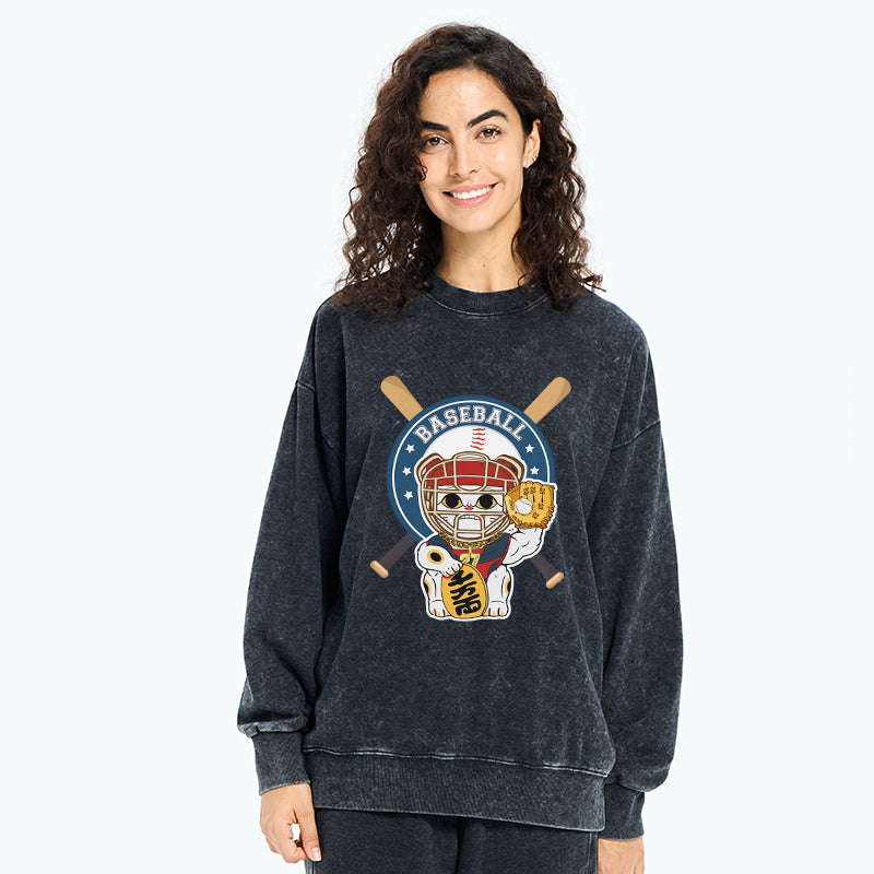 Janpaese Baseball Cat Washed Sweatshirt