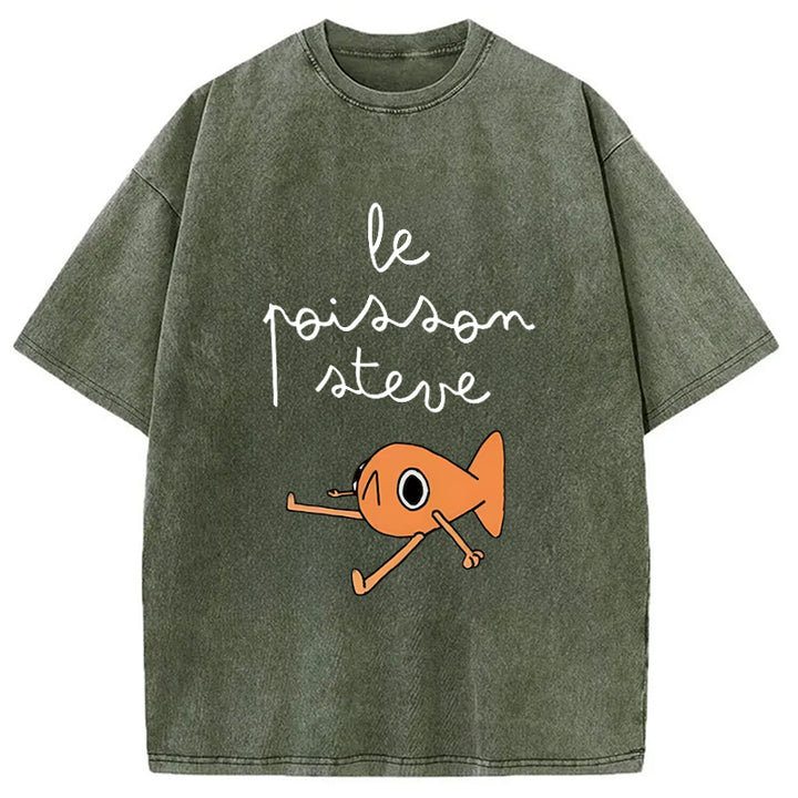 Le Poisson Steve Funny Meme Washed Crew Neck T-Shirt