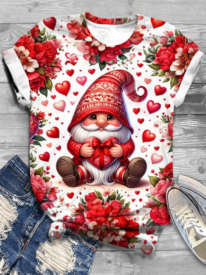 Valentines Day Gnome Print Crew Neck T-Shirt