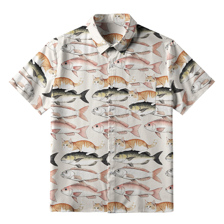 Funny Cat Riding On Fish Button-up Shirt