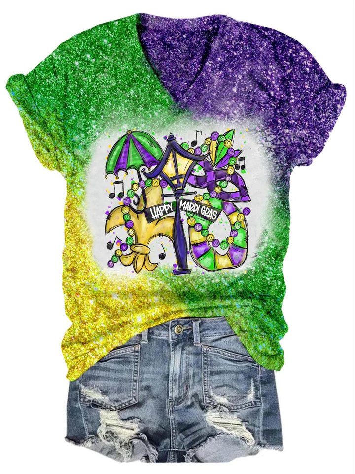 Happy Mardi Gras Glitter Casual Print V-Neck Top