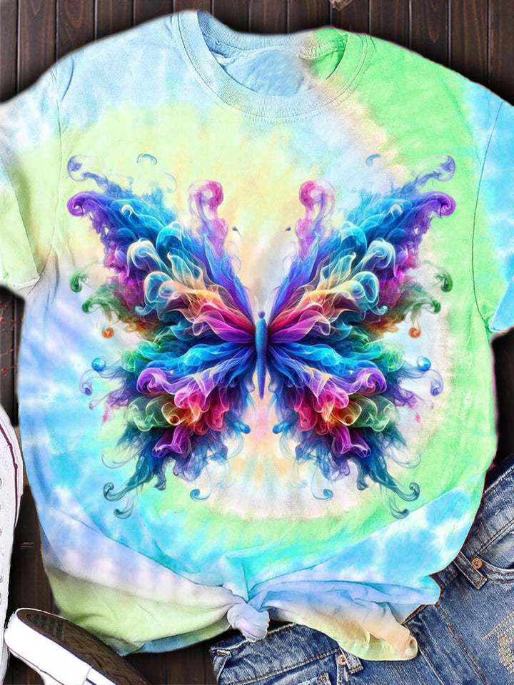 Tie Dye Butterfly Print Short Sleeve Top