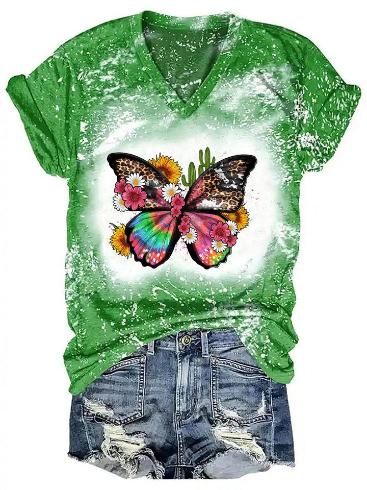 Women's V Neck Butterfly Print Top