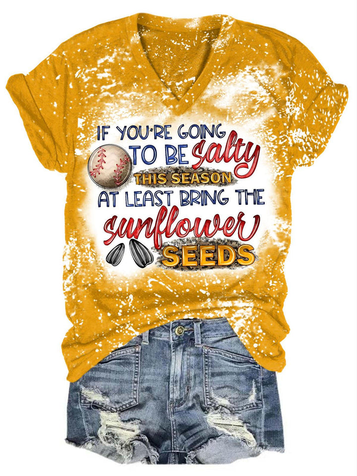 Salty Sunflower Seeds Baseball Print V-Neck T-Shirt