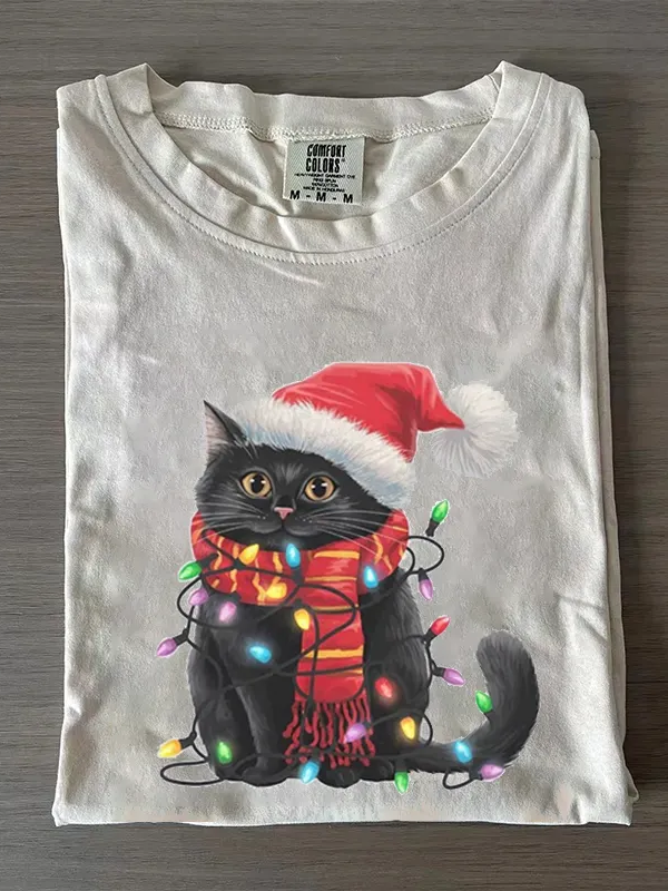 Lighting Cat Christmas Crew Neck T-shirts