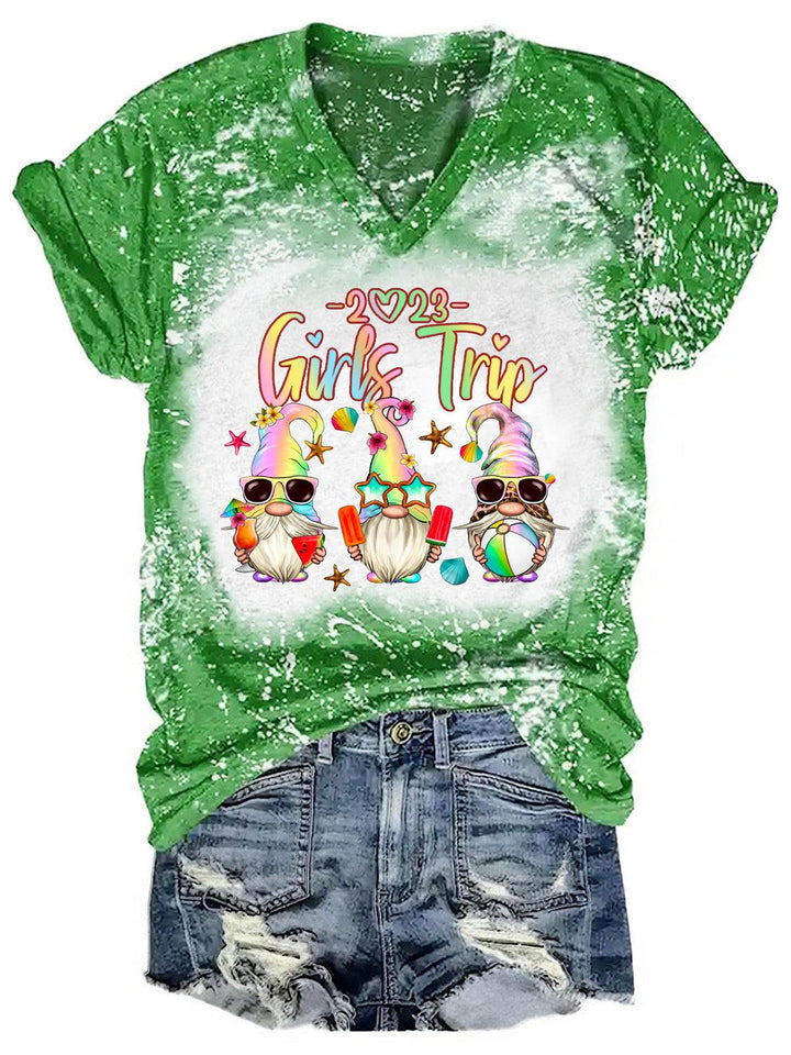 Women's Girls Trip 2023 Gnome Print Tie Dye Top