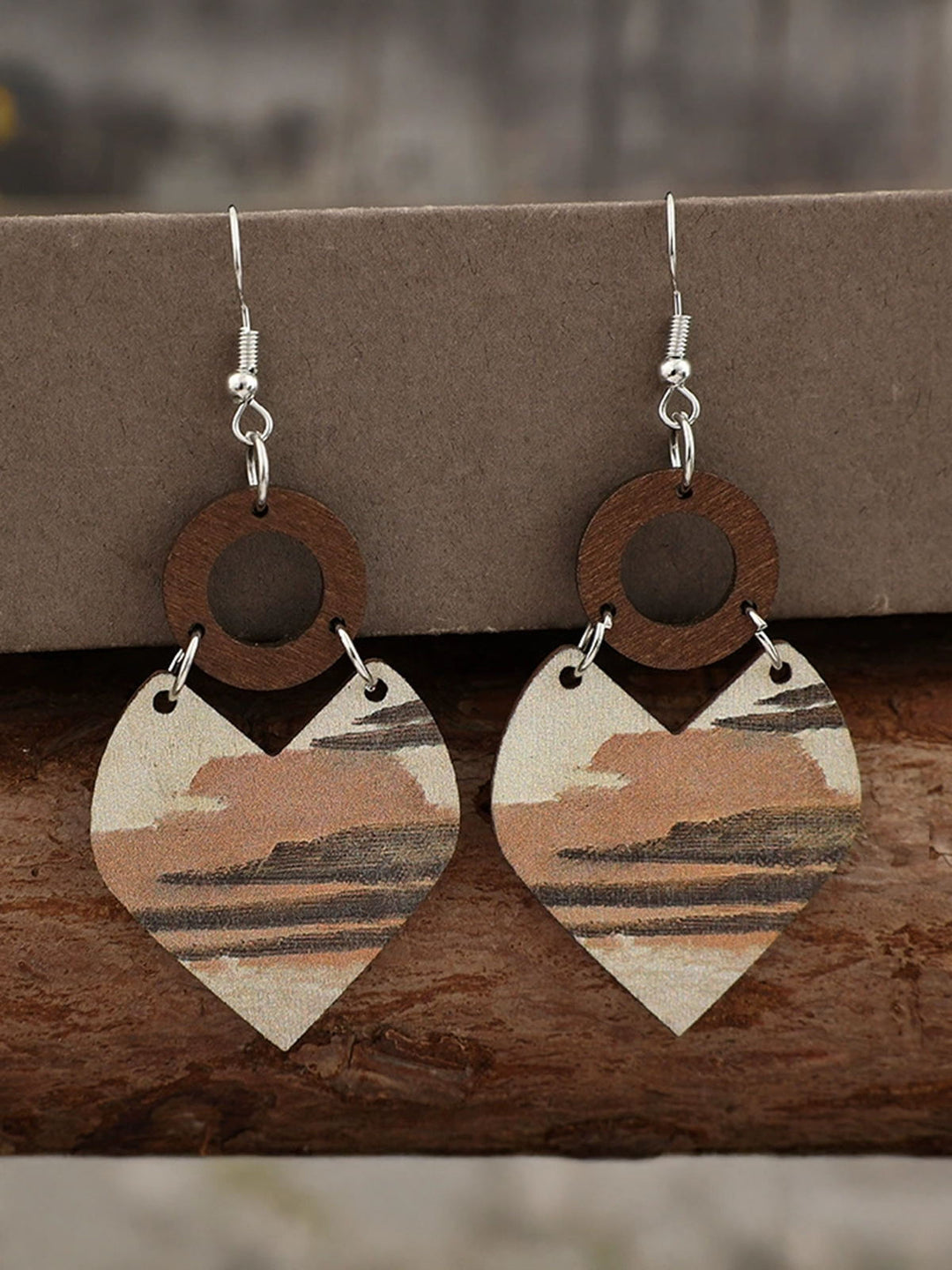 Valentine's Day Heart Splicing Hollow Circle Vintage Wooden Earrings