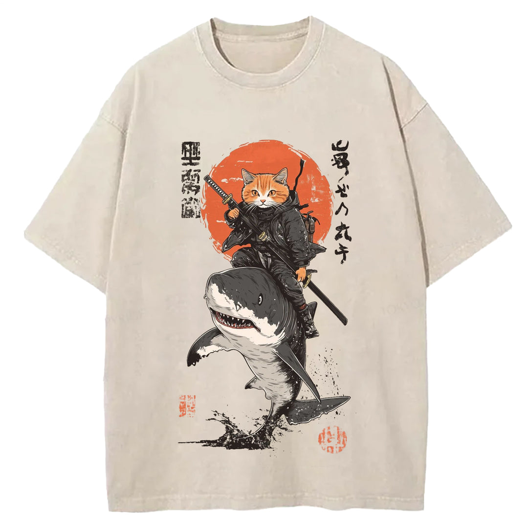 Japanese Cat Warrior Print Retro T-shirt