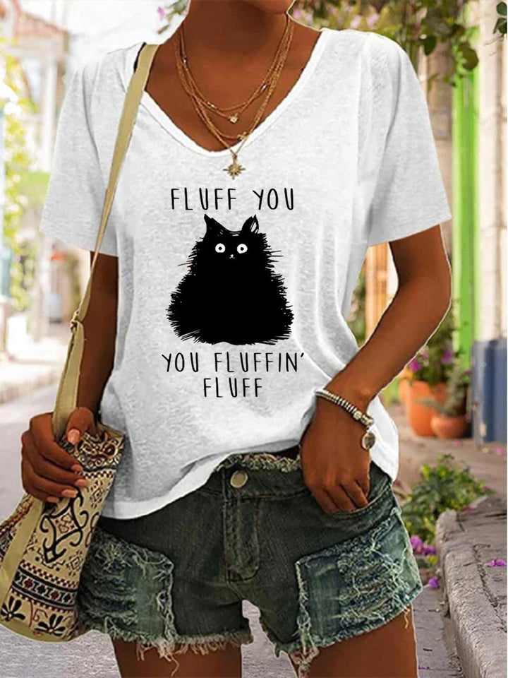 Women's Funny Cat Print V-Neck Solid Color Casual Top