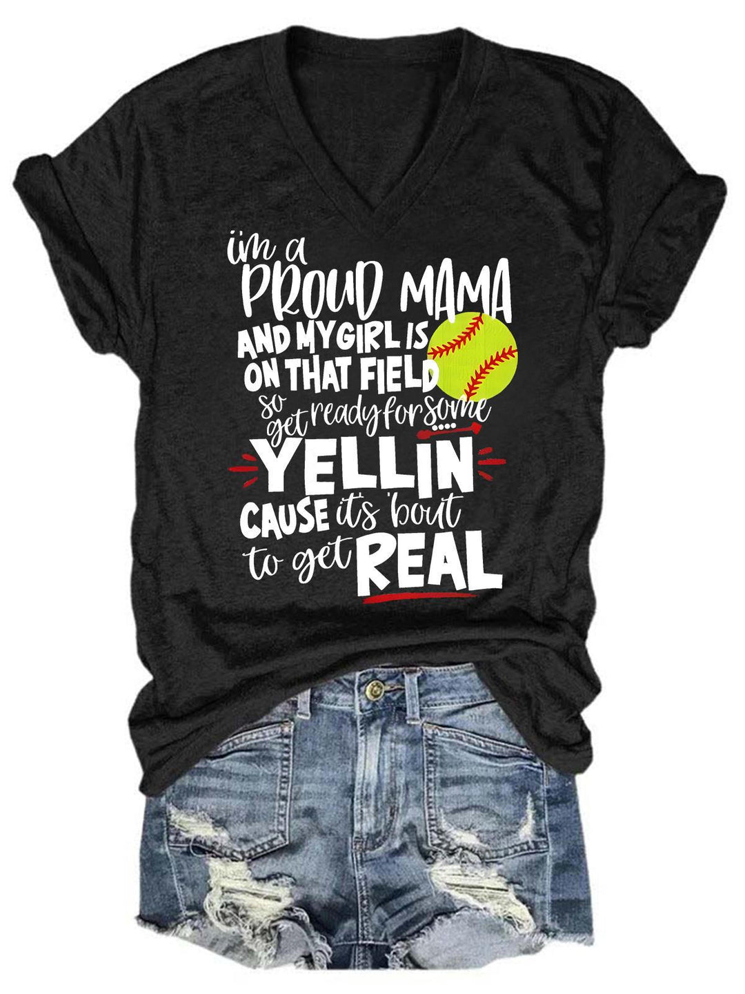 Proud Softball Mama V Neck T-Shirt