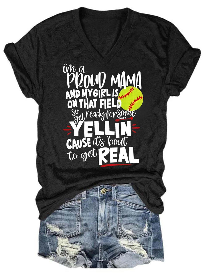 Proud Softball Mama V Neck T-Shirt