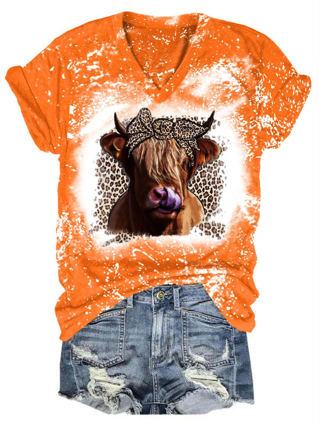 Women's Highland Cow V-Neck Tie Dye Tee