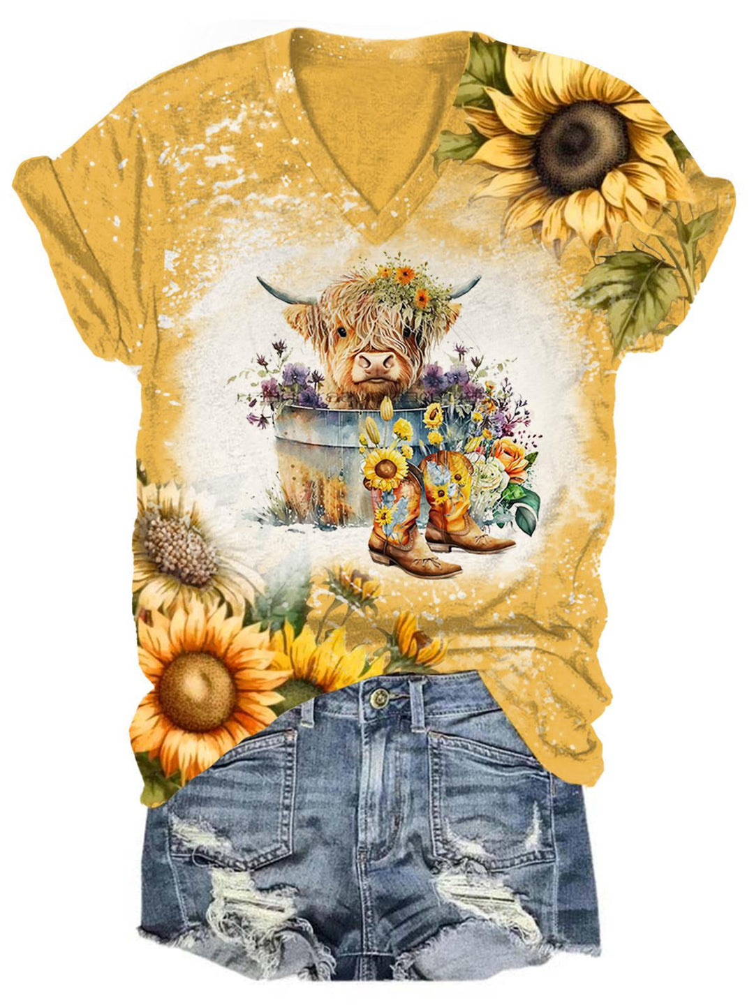 Sunflower Highland Cow Print Tie Dye V Neck T-Shirt