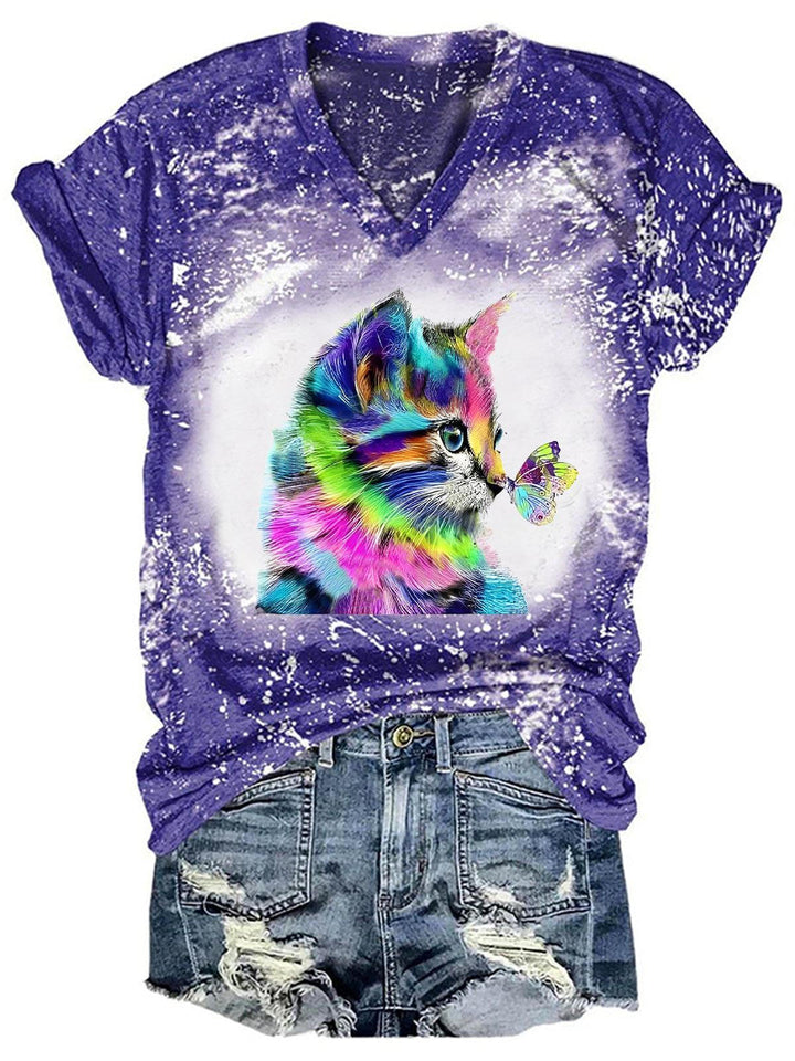 Women's Cat Butterfly Print Tie-Dye V-Neck Casual Top