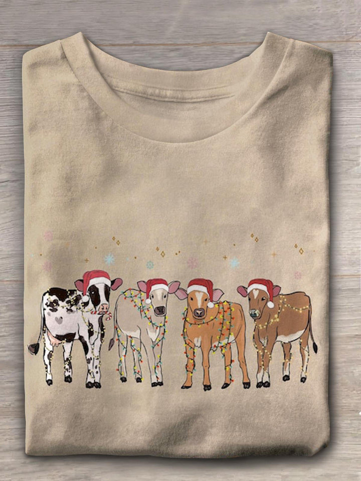 Women's Christmas Cow Crew Neck T-shirt