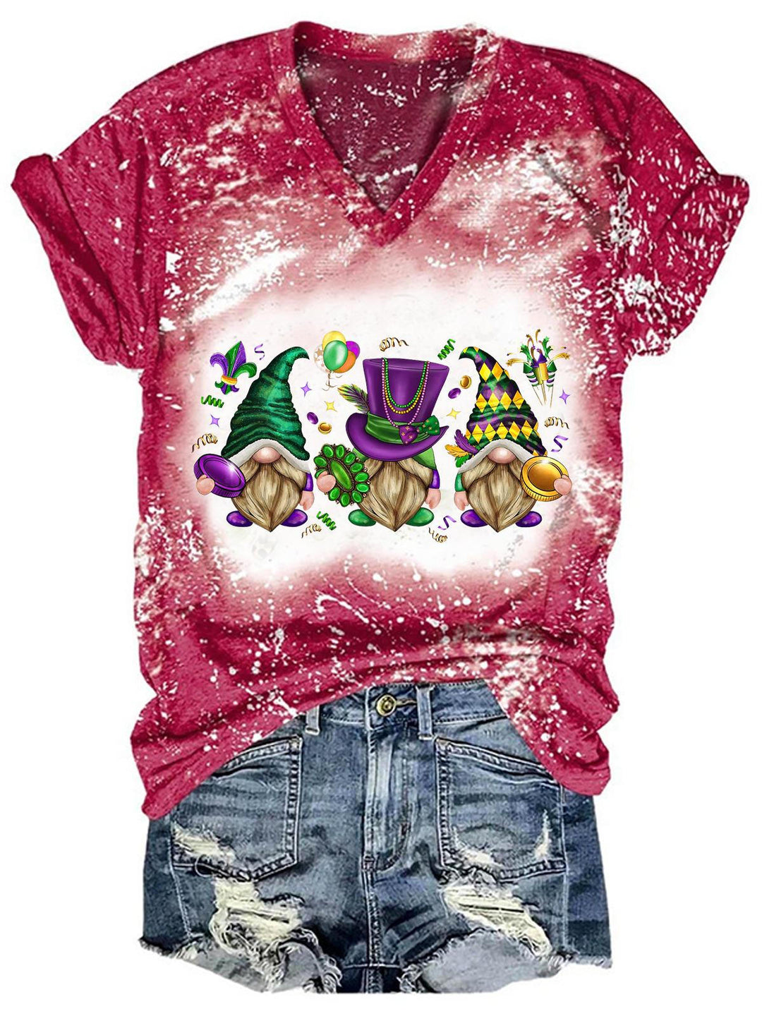 Mardi Gras Gnome Print Tie Dye Top