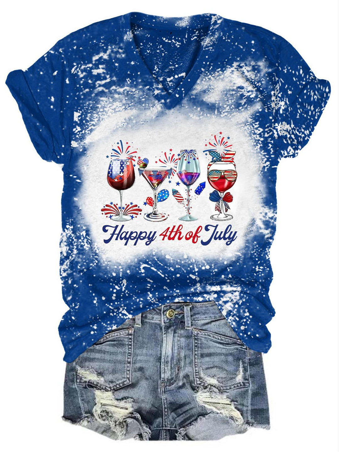 Women's Tie Dye Happy 4th of July Wine Glass Print Top