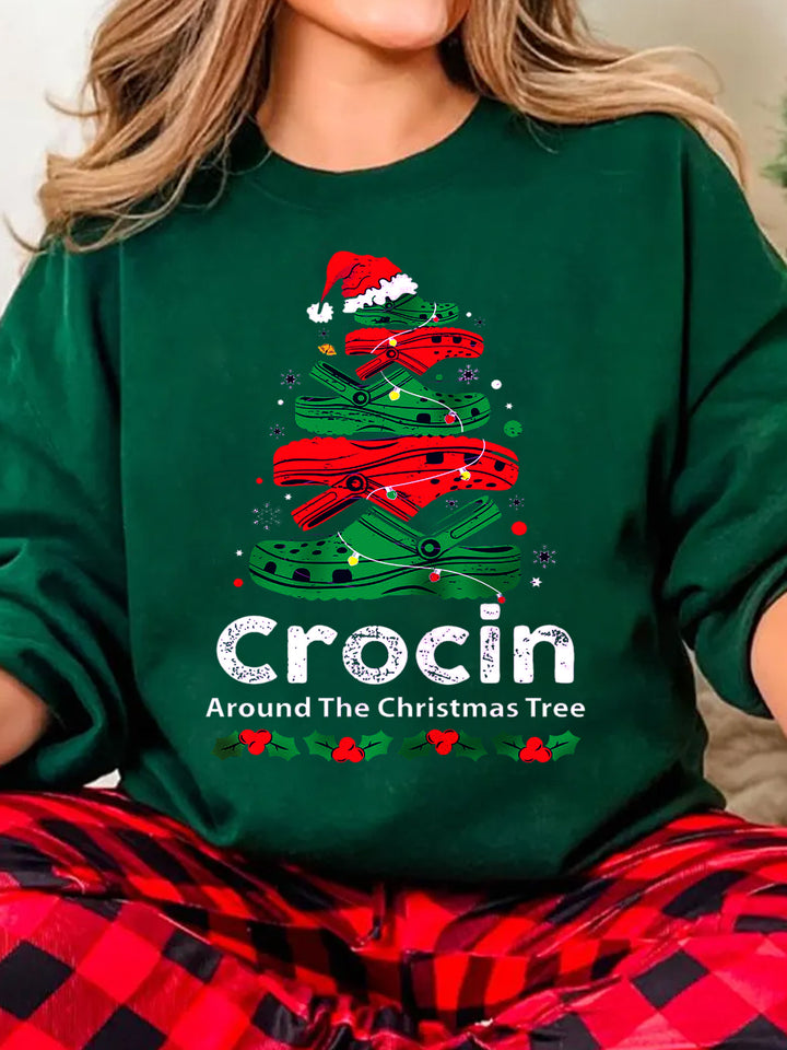 Women's Christmas Tree Crocin Print Crew Neck Casual Sweatshirt