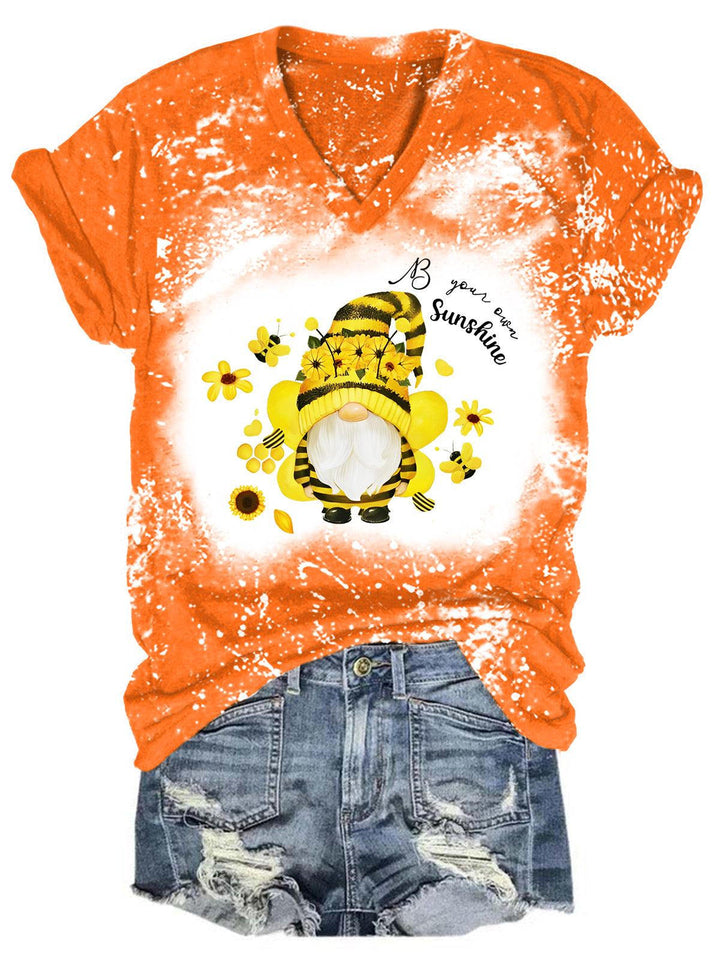 Women's Gnome Bee Print V-Neck T-Shirt