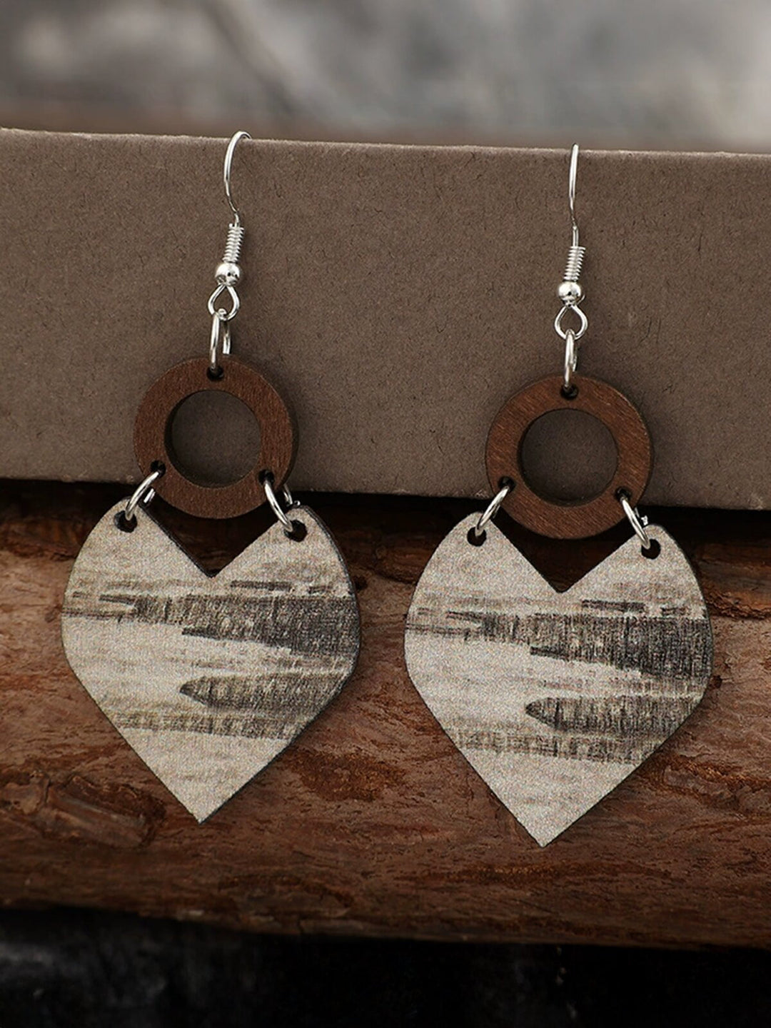 Valentine's Day Heart Splicing Hollow Circle Vintage Wooden Earrings