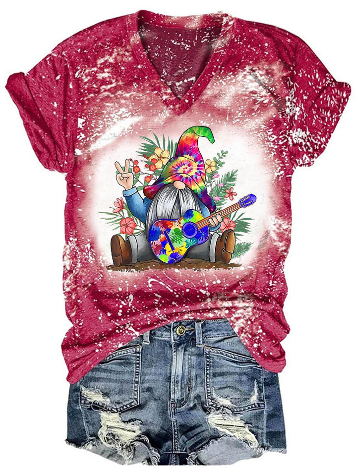 Women's Gnome Guitar Tie Dye Print Casual T-Shirt