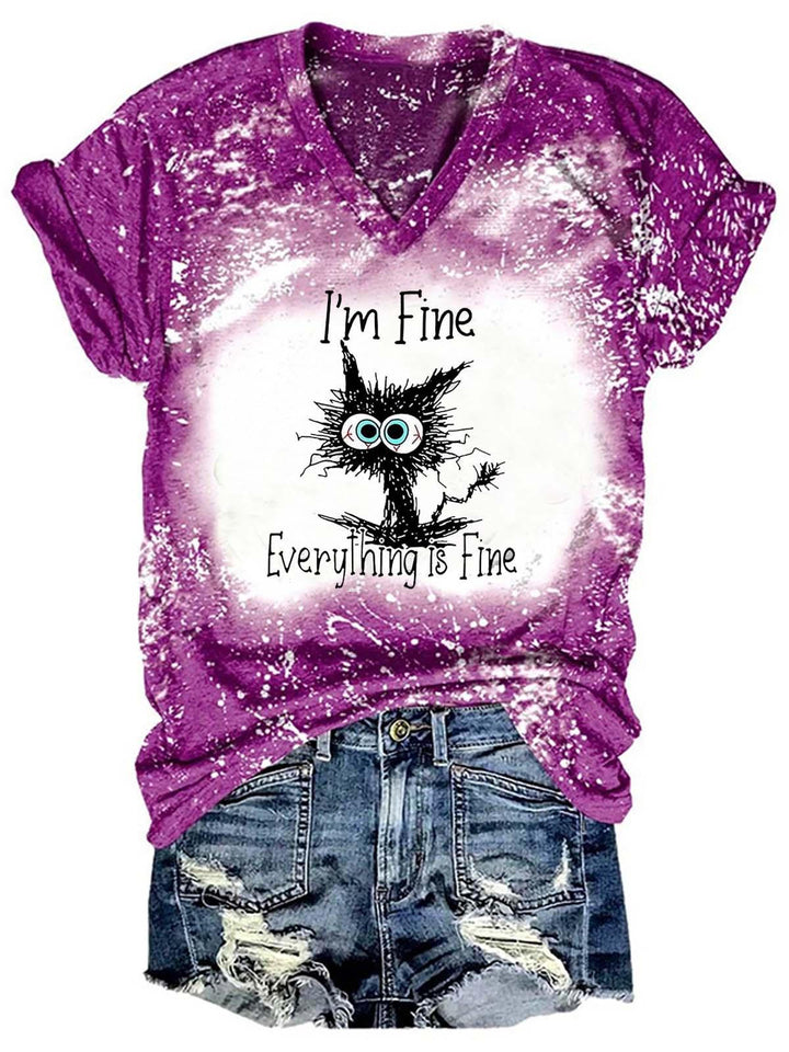 I Am Fine Everything Is Fine Cat Print Tie Shirts&Tops