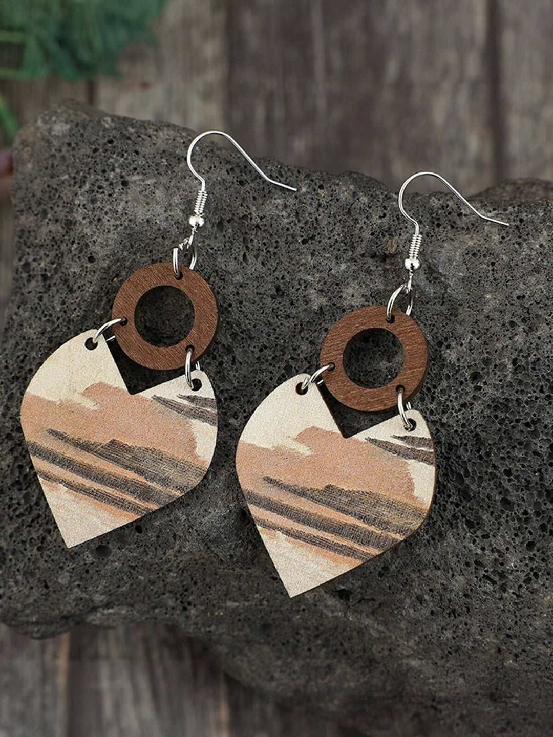 Valentine's Day Heart Splicing Hollow Circle Vintage Wooden Earrings