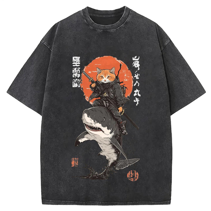 Japanese Cat Warrior Print Retro T-shirt