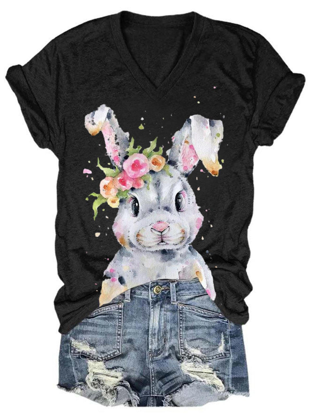 Women's Easter Bunny Print Solid T-Shirt